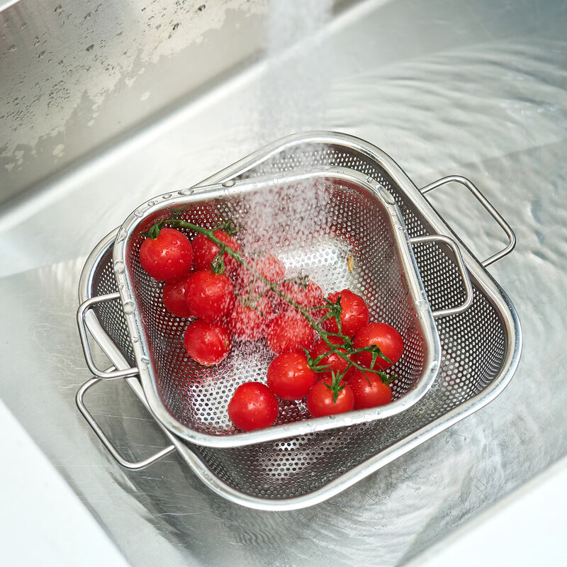 National style food grade stainless steel vegetable washing blue drain basket square rice washing artifact fruit washing basket leak basin mesh sieve household 24cm food grade double ear drain basket