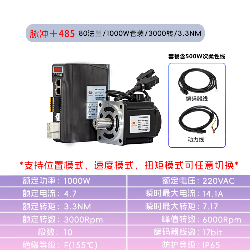 Yue Changsheng 1000W Set 80 Flange 3.3NM AC Servo Motor Drive Controller Set High Performance Programmable Rose Red SVD750-EC-Ethercat 10M80SS3330A