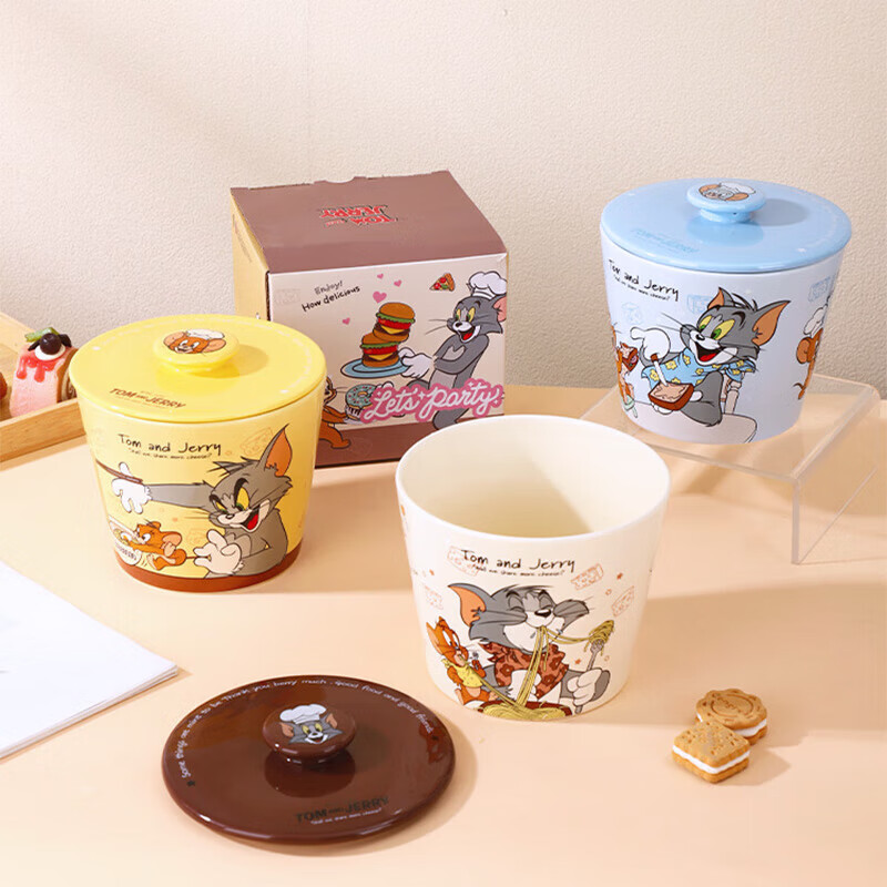 Tom and Jerry ceramic bowl, good-looking instant noodle bowl for girls and children, large-capacity instant noodle cup, microwavable with lid, advanced Tom and Jerry co-branded instant noodle bowl - Tom gift box