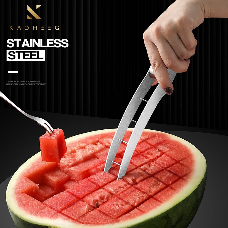 Qinkai thickened stainless steel watermelon dicing artifact for family dormitories to easily cut into pieces and dig out watermelon special divider wooden handle melon and fruit dicing artifact + fork