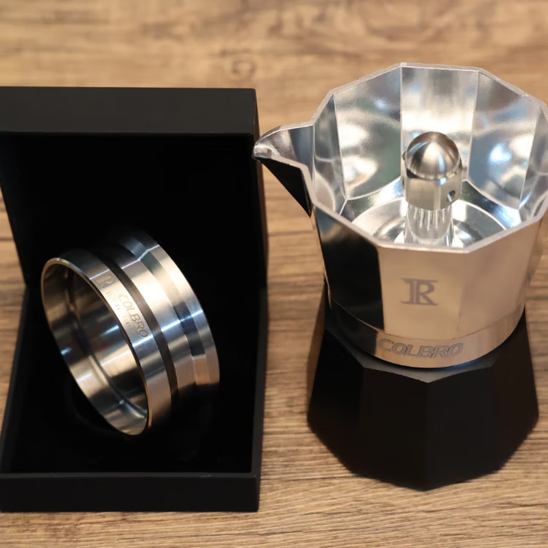 COLBRO Semi-automatic Moka Pot Terraced Powder Receiver Ring Powder Receiver Powder Distributor Powder Press Powder Filler Anti-Flying Powder No Spreading 304 Steel Ring (Three Valve Two Cups, With Black Terraces