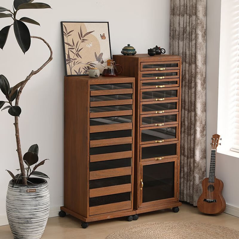 Pomelo Mansion's new walnut color solid wood veneer-free dental cabinet stationery jewelry tea set cup storage cabinet floor-standing tea cabinet walnut color small size