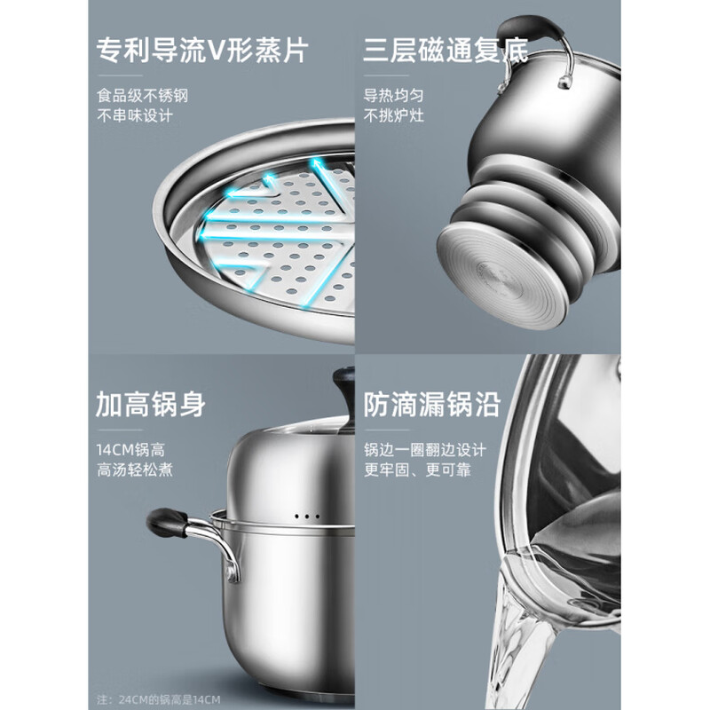 ASD (ASD) 304 stainless steel household mini steamer thickened soup pot food supplement double-layer steamer steamed buns new model _Small soup steamer 304 stainless steel_Suitable for 22cm 20-24cm