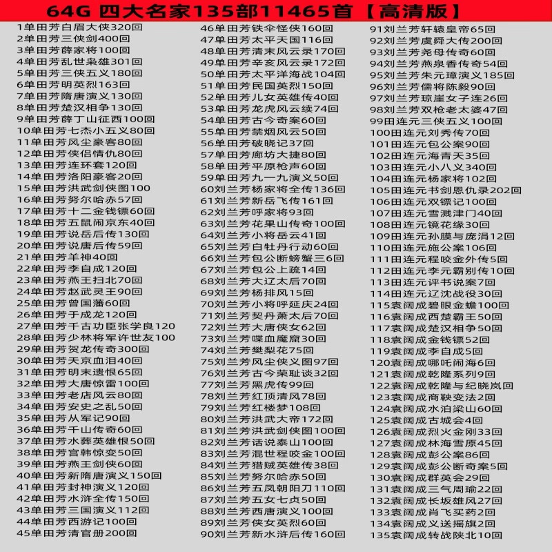 X64G complete set memory card collection Shan Tianfang Liu Lanfang storytelling mp3 card radio player elderly U disk 64G high-definition version of the four famous masters 135 volumes and 11465 songs official standard memory card