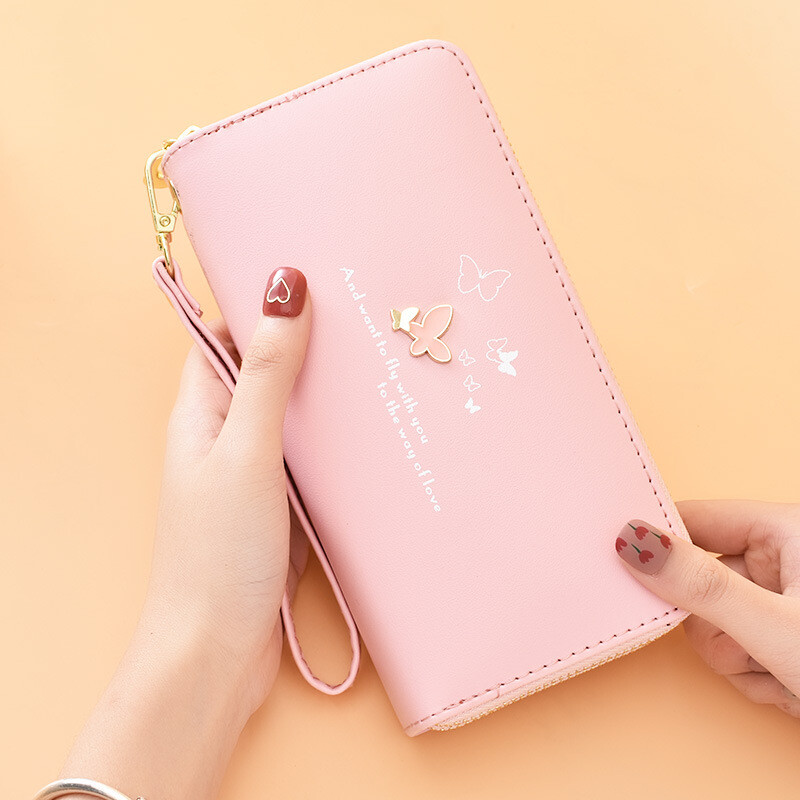 Wallet Women's Long Style 2022 New Fashion Wrist Clutch Cartoon Butterfly Double Zipper Large Capacity Mobile Phone Bag Purple