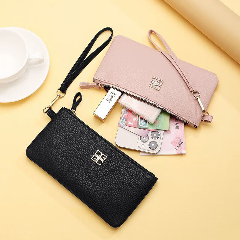 Nimense soft leather texture mobile phone bag ultra-thin internet celebrity long large capacity wallet zipper bag simple portable wallet clutch bag classic black upgraded material-anti-theft brush/anti-degaussing