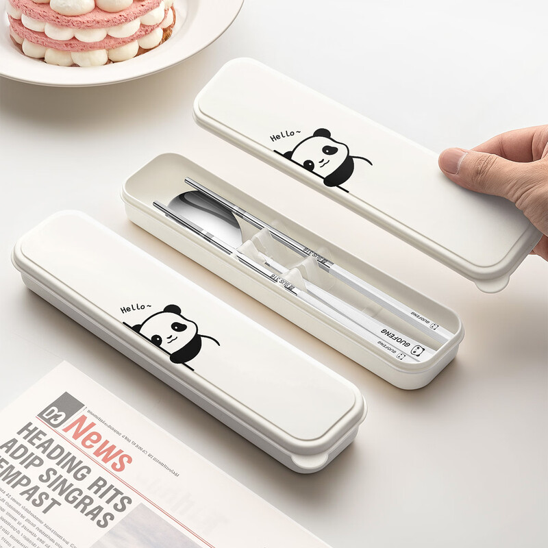 Guofeng 316 stainless steel chopsticks and spoon set for students and office workers, food-grade portable tableware set with storage box, antibacterial 316 shy panda chopsticks + spoon + box