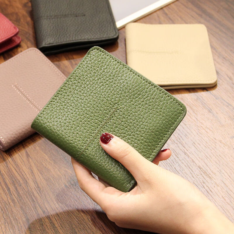 Nimense cowhide texture small wallet women's short style 2025 new high-end folding genuine leather ultra-thin simple wallet card holder green - 6 card slots + 1 mirror window 1 mezzanine affordable regular style