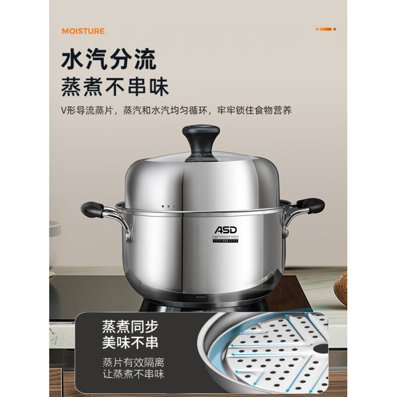 ASD (ASD) 304 stainless steel household mini steamer thickened soup pot food supplement double-layer steamer steamed buns new model _Small soup steamer 304 stainless steel_Suitable for 22cm 20-24cm