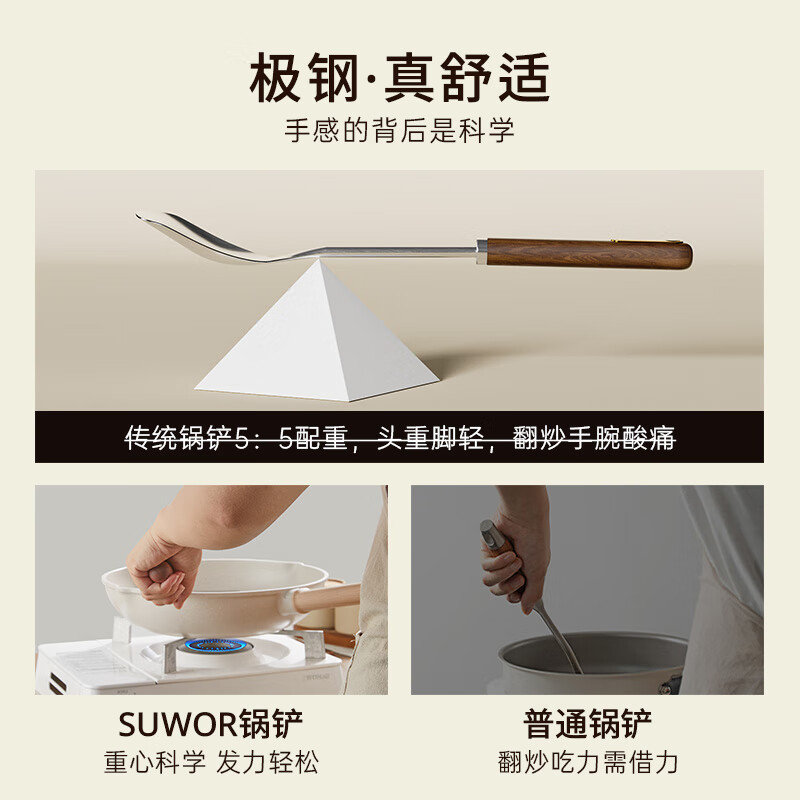 Shuwushuo 316L stainless steel spatula thickened one-piece pole steel cooking spatula ebony handle iron pot special spatula anti-scalding