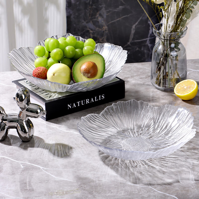 Baijie glass transparent ice pattern fruit plate for home living room light luxury candy nut snacks dried fruit storage tray large size