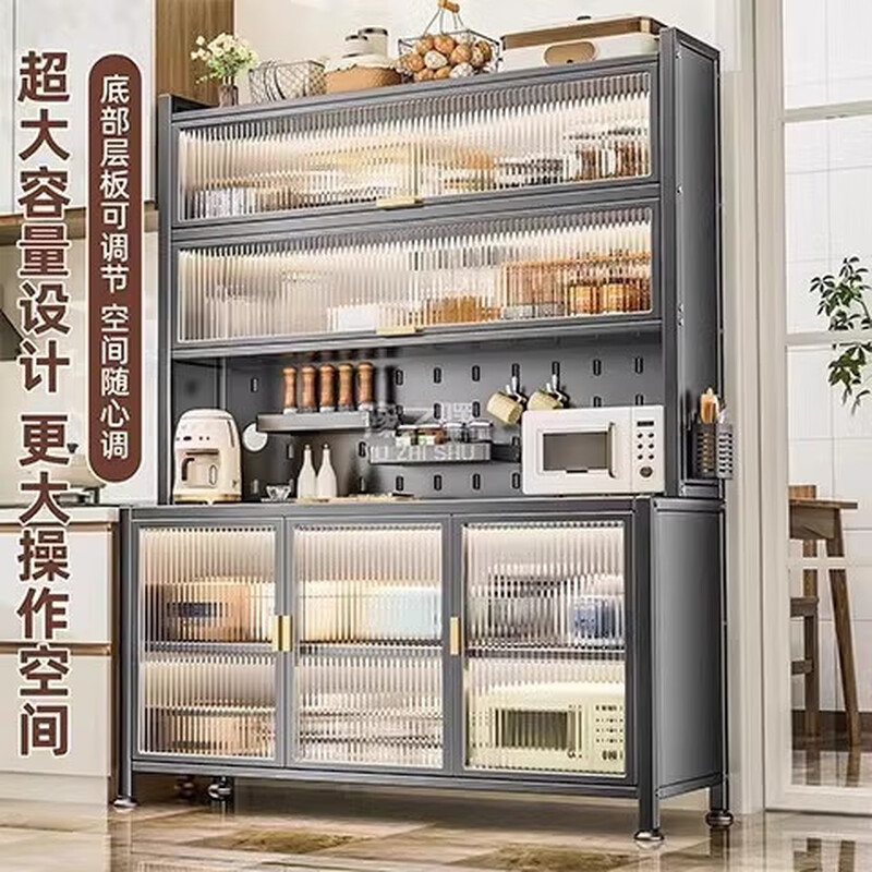 Kitchen multifunctional storage rack microwave oven cupboard storage storage cabinet sideboard wall integrated storage cabinet light luxury gray (length 120) six layers - extra thick new style