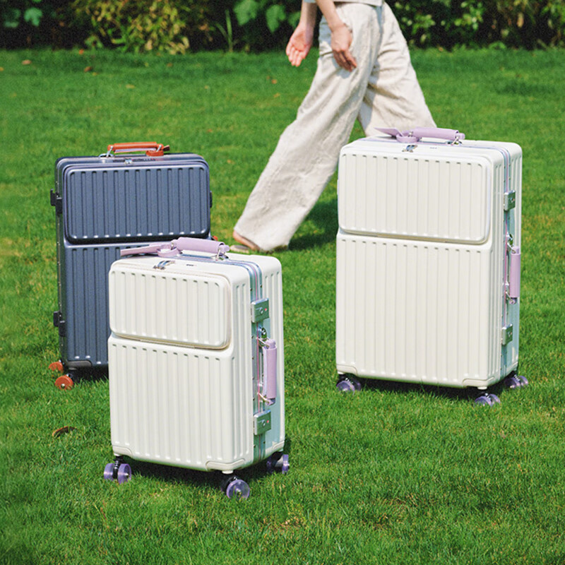 Iman's suitcase trolley case can be carried on the plane, aluminum frame boarding case, women's high-looking suitcase, front opening large capacity box, milk white (skating wheel + multi-function) 24 inches (80% choice, 5-7 days travel)