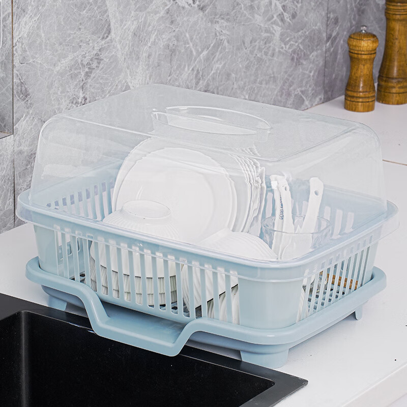 GUIG bowl and chopsticks storage box with dish rack for kitchen household multi-functional drain rack with lid drain artifact blue drain dish rack + drainage tray 39.1*29.1*23.5.