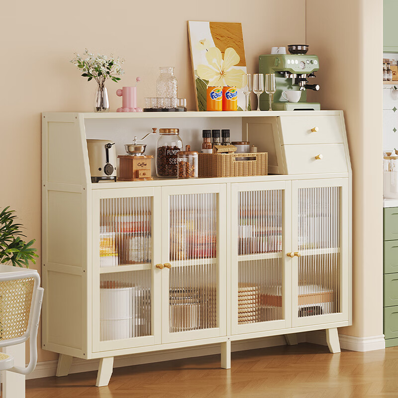 Sizhuge Kitchen Shelf Nordic Sideboard Microwave Oven Home Living Room Cabinet Home Solid Wood Multi-Function Storage Cabinet Wine Cabinet Single Door with Drawout - Milk White