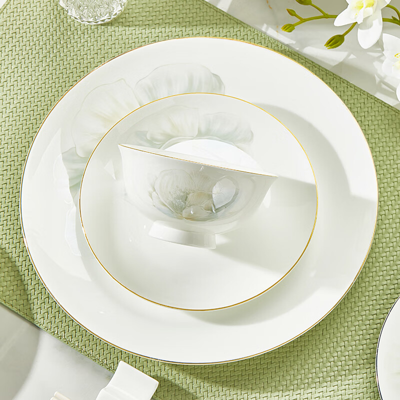 Youzun Ceramics bone china bowl and dish set for home move-in and new home gift new light luxury high-end tableware plate and dish set 60-piece gift box Begonia bowl series soup bowl version