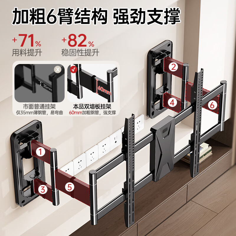 Jun'ao large load-bearing embedded TV retractable hanger 75-100 inches universal large-screen TV bracket suitable for Xiaomi TCL Thunderbird Skyworth Hisense does not block the socket or audio