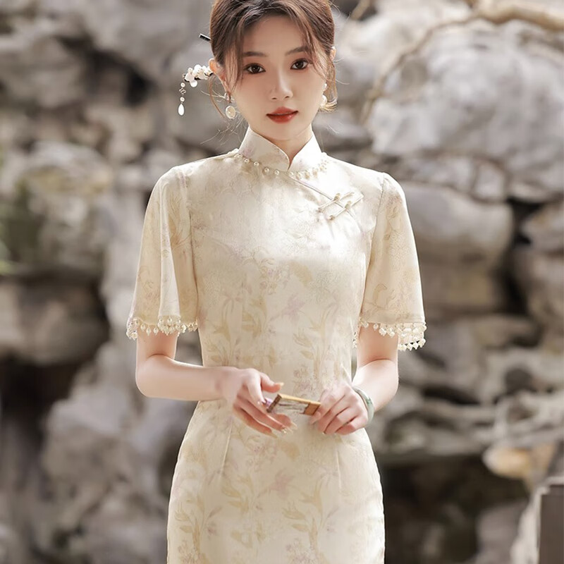 Bangbo Shi New Chinese Style Improved Cheongsam Women's 2025 National Style Elegant Long Slit Dress Slim Fit New Year's Gift New Chinese Style Improved Cheongsam Color S Size (Suitable for 85 Jin-110 Jin)