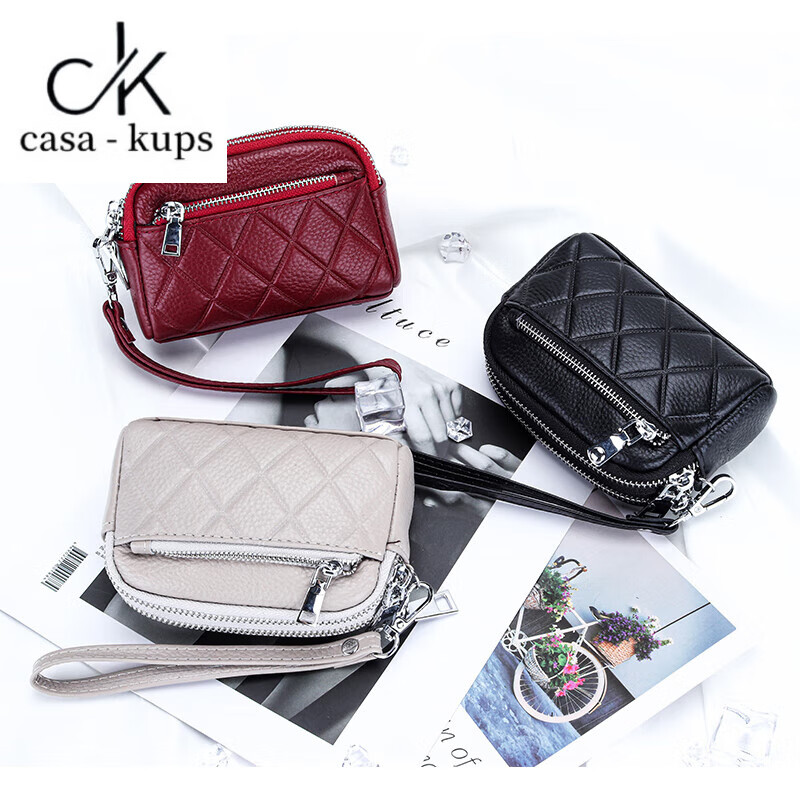 Casa-kupsCK Genuine Leather Women's Mini Bag Coin Purse Cowhide Large Capacity Three Zipper Multifunctional Fashion Coin Bag Dark Green