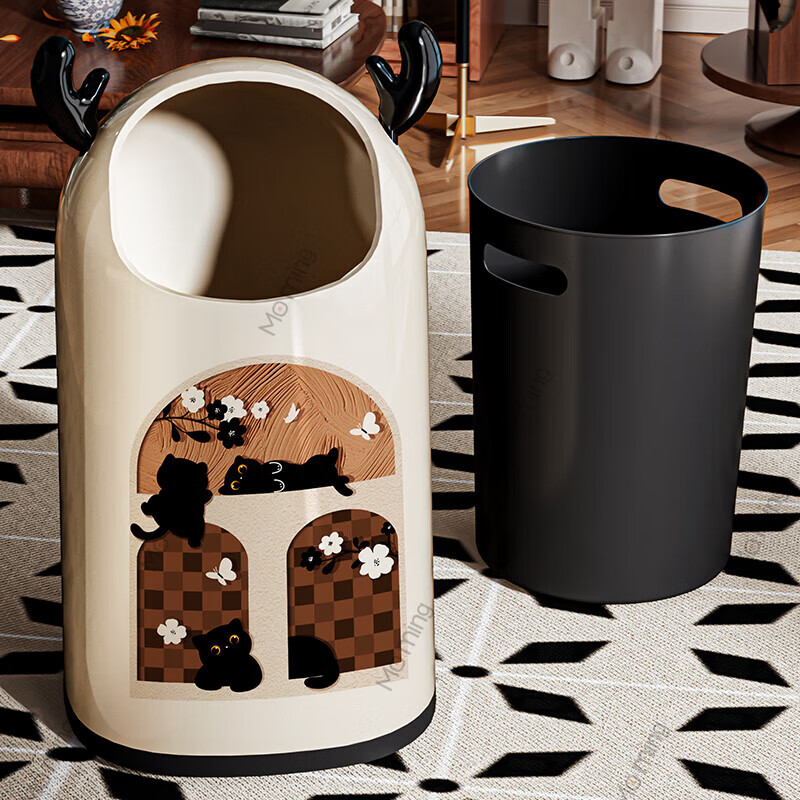 Moming deer antler trash can bathroom home living room antique style retro bedroom elegant trash can bedroom with wheels Elk ears window climbing cat large size - pulley version