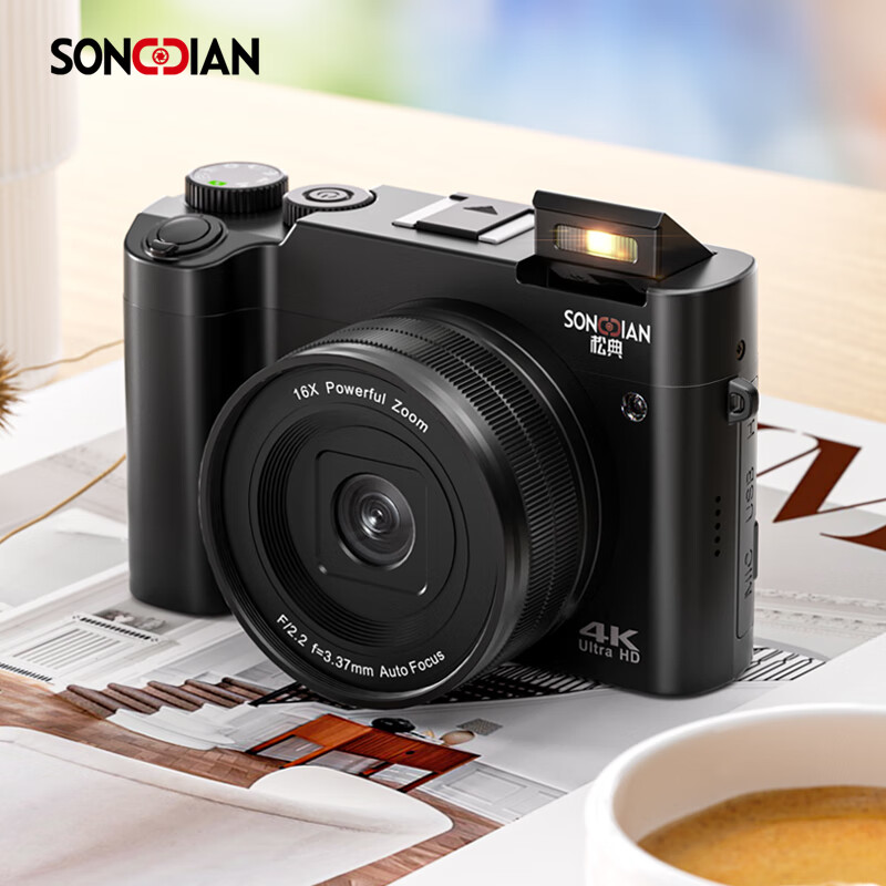 Songdian DC218 entry-level front and rear dual-camera high-definition digital camera for students to take selfies and vlog, which can be transferred to mobile phone CCD for high school students to travel with a dedicated micro-single 4K domestic camera, black + wide-angle lens, official standard configuration + 32G memory, approximately 3,000 photos stored