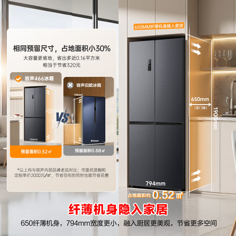 Rongsheng 466 liter cross double-open four-door refrigerator first-class energy efficiency air-cooled frost-free frequency conversion ultra-thin large capacity BCD-466E30CNLAD Rongsheng 465 home appliances national subsidy BCD-466E30CNLAD