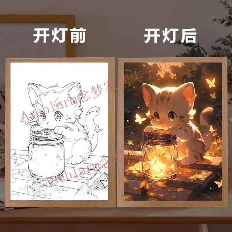 Aseblarm light painting same style kitten light painting birthday gift for girls anime luminous painting bedroom night light cat style three color adjustment 2 17-23CM upgraded charging touch style