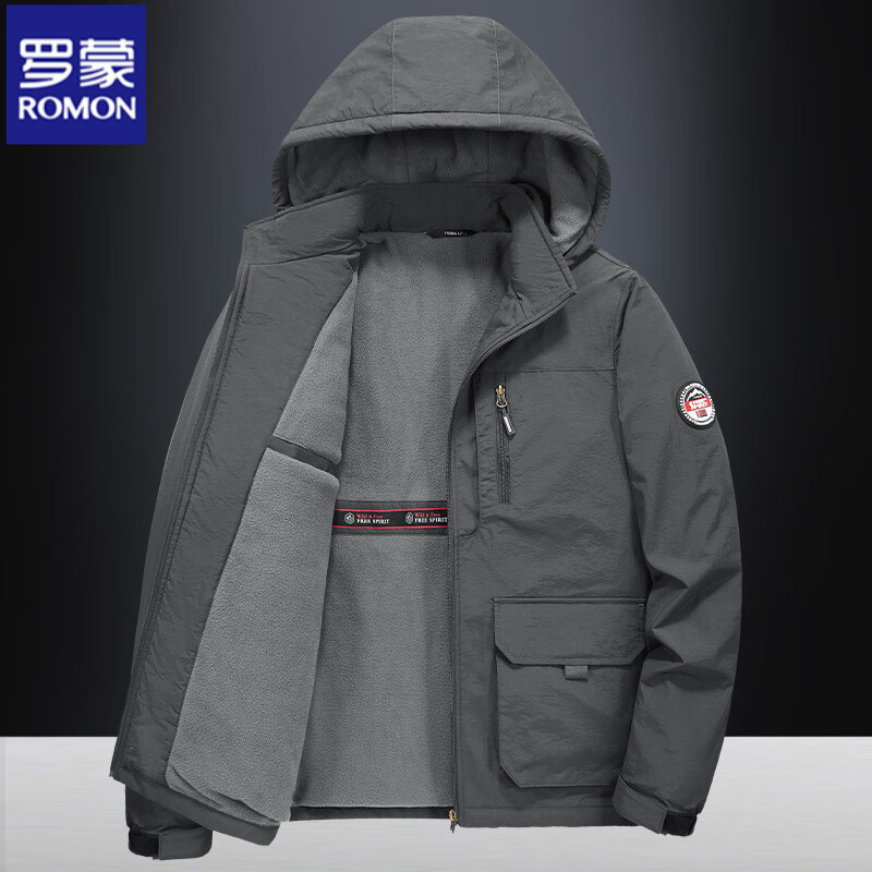 ROMON large size men's jacket autumn and winter 2025 new popular velvet thickened windproof sports and leisure jacket dark gray 2XL suitable for 135-145 pounds