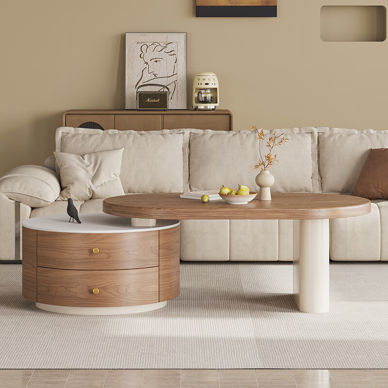 Zuo Ke Zuo's home antique solid wood retractable coffee table living room household small apartment 2025 new retro high-end light luxury tea table combination solid wood thick round retractable coffee table 120cm