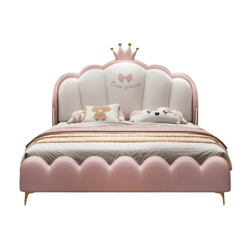 Solid wood bed children's bed girl's bedroom princess bed light luxury leather bed small apartment pink crown double bed quality/children's bed color remarks/delivery to home 1500mm*2000mm frame structure