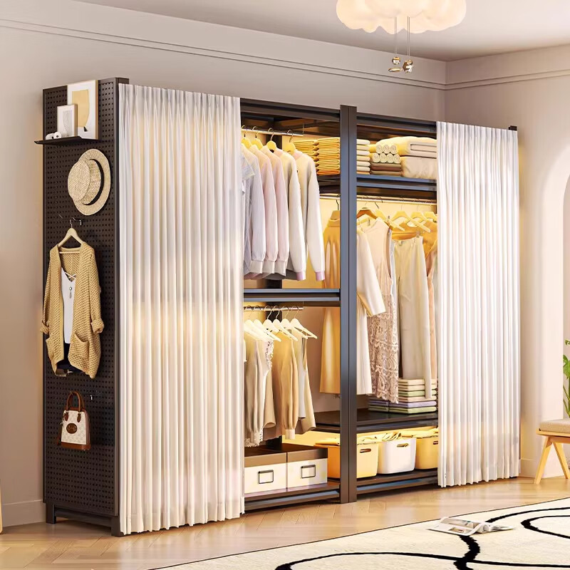 Siluo simple wardrobe full steel frame structure thickened household clothes hanger bedroom dormitory rental house storage rack thickened - three layers - height 160cm, default black, length 50*width 40cm, dustproof curtain hanging clothes rail included