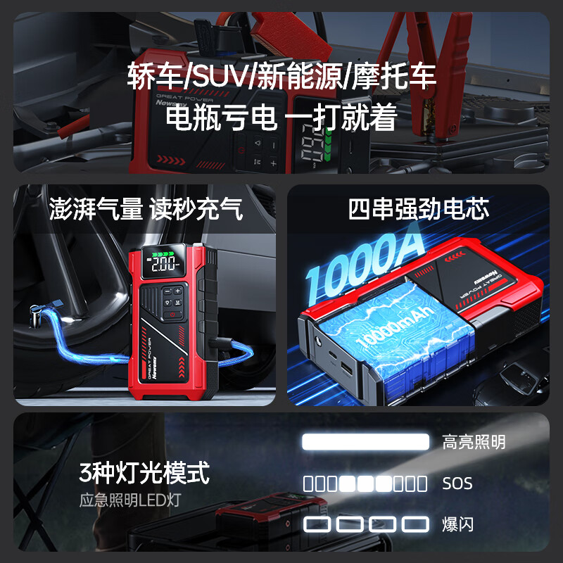 Newman 3C certification F8 car emergency starting power supply with power bank air pump all-in-one car battery power bank motorcycle air pump outdoor strong start 10000mAh