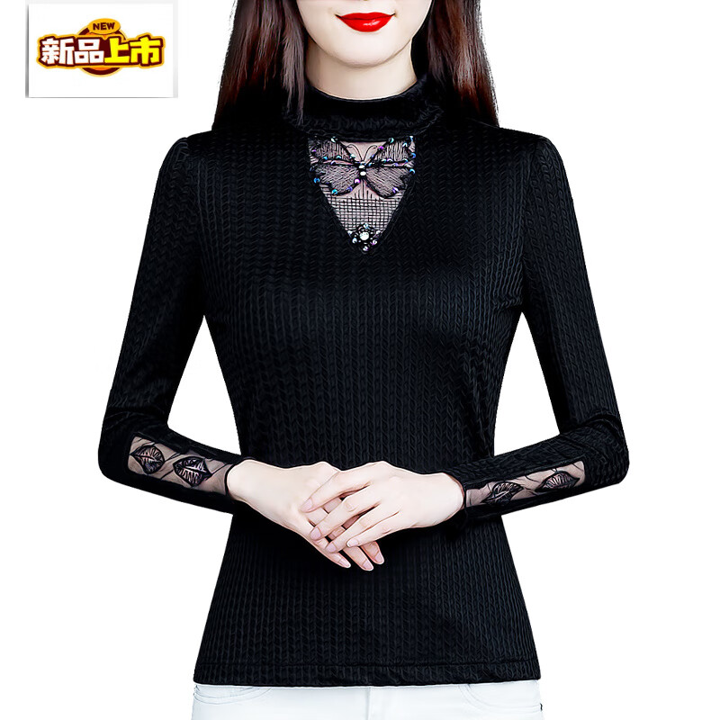 Early diameter half turtleneck bottoming shirt for women, autumn and winter 2025 new style plus velvet and thickened long-sleeved lace warm black top, black regular M