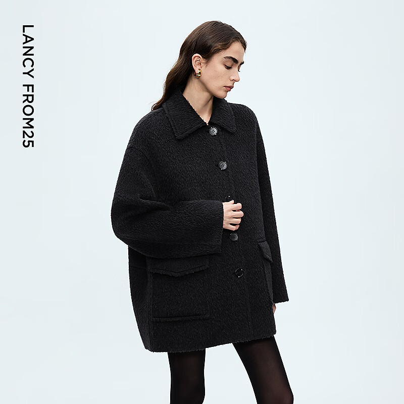 Langzi wool lapels, wide and fashionable woolen coats, elegant and versatile woolen coats for women, 2025 winter new style, dark gray M