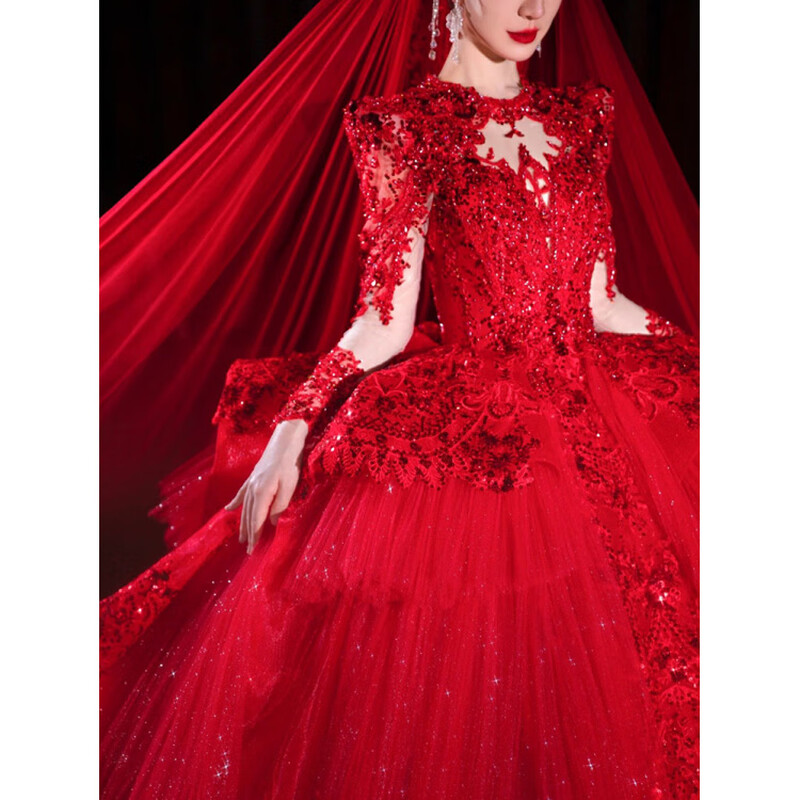 Wei Lian Meng Lan Red Main Wedding Dress 2025 New Bride V-Neck Outer Veil Large Trailing Heavy Industry Small Long Sleeve Trailing (veil glove support) L