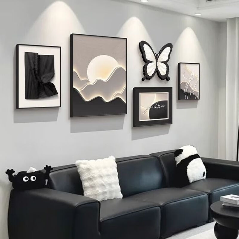 Yichao living room decorative painting modern simple light luxury high-end sofa background wall hanging painting 2026 new black and white gray mural Butterfly is Coming small set wall occupying (recommended about 2.5 meters for sofa) crystal porcelain painting/easy to take care of