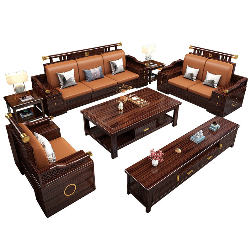 Zihua solid wood sofa, new Chinese style ebony wood single and double three-person combination, imperial concubine winter and summer dual-use living room furniture LY1002# 1+2+3+ coffee table (with drawer), storage model, cat scratching leather cushion