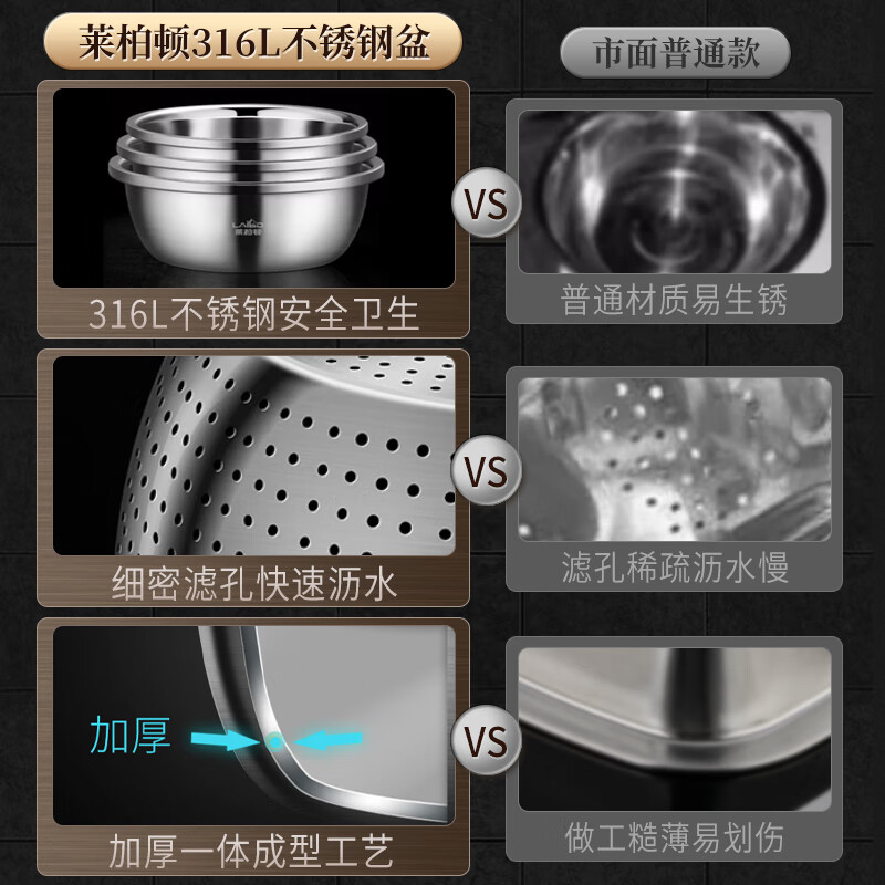 Labton food grade 316L stainless steel drain basin household rice washing sieve rice washing basin drain basket leak basin mesh sieve rice washing artifact 30cm basin drain set carefully selected 316L stainless steel practical combination
