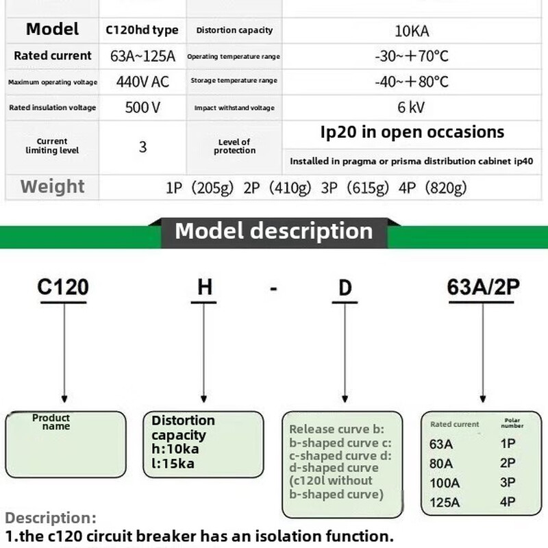 Schneider C120H leakage protection switch household 220V air switch leakage protector 2P3P circuit breaker C type 125A 4p