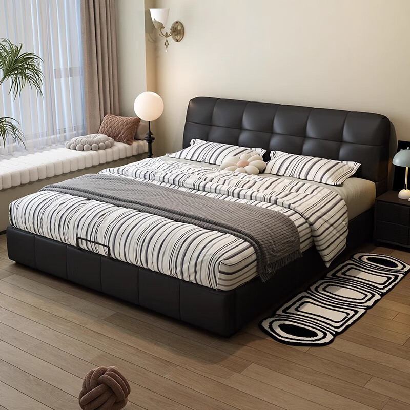 Piaget Stan light luxury leather art bed double bed modern simple atmosphere storage luxury wedding bed home bedroom furniture bed + bedside table * 2 + 3 star spine protection coconut palm mattress first layer cowhide frame structure 2.0m * 2.0m