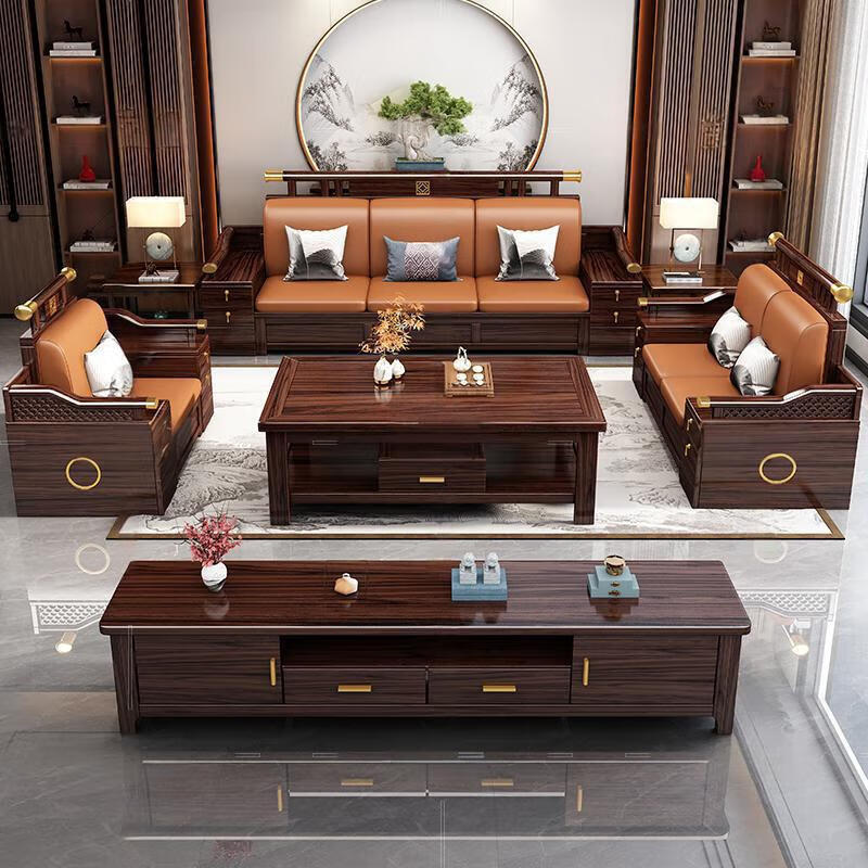 Zihua solid wood sofa, new Chinese style ebony wood single and double three-person combination, imperial concubine winter and summer dual-use living room furniture LY1002# 1+2+3+ coffee table (with drawer), storage model, cat scratching leather cushion