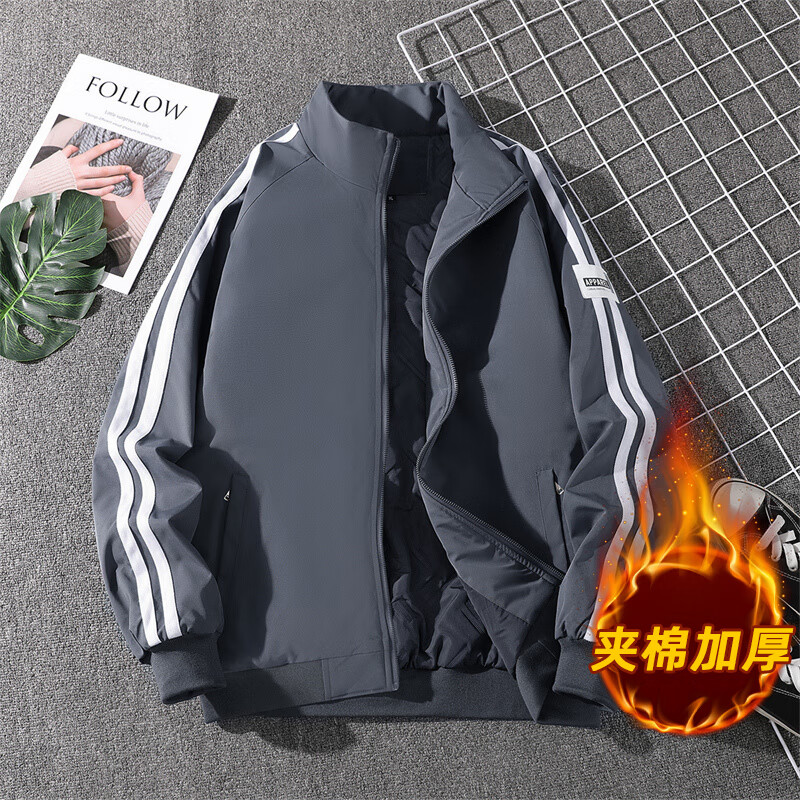 Playboy 2025 Spring and Autumn Jacket Men's Stand Collar Jacket Casual Sports Outdoor Trend Three Stripes Single Clothes Men's Clothes Velvet Thickened Black XL