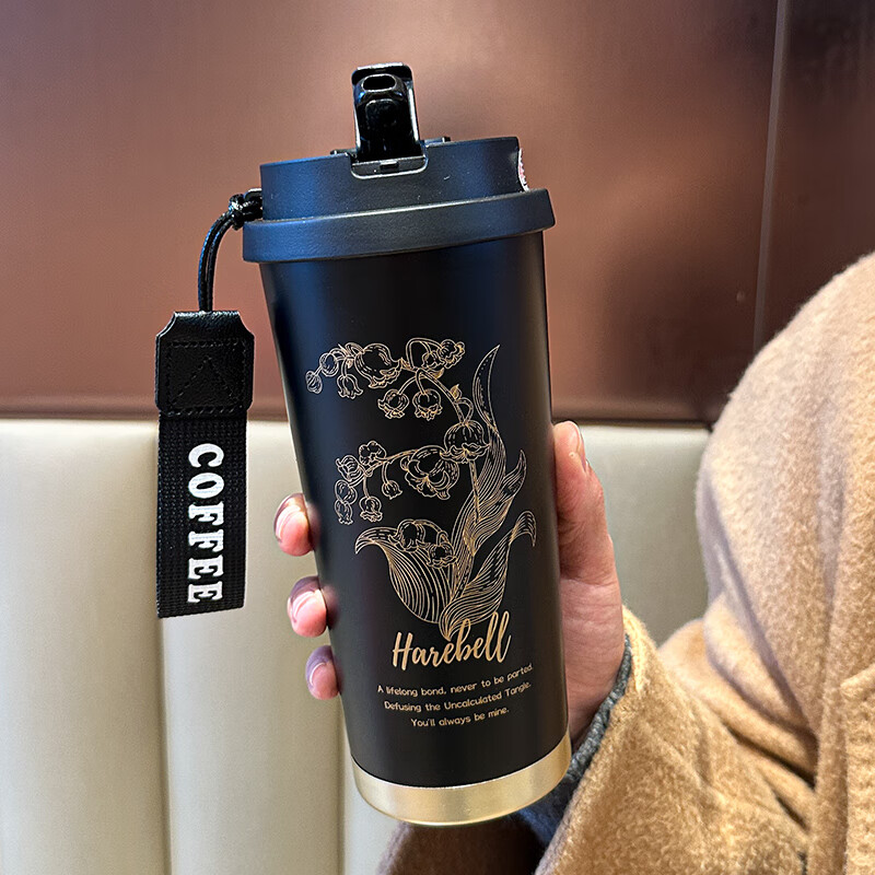 Wanjiaquan large capacity 304 thermos cup double drink drinking cup sports portable male and female student milk tea coffee accompanying cup black silver bell thermos cup