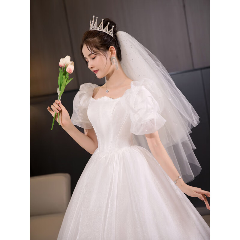 Sainte-Nice French-style fugitive princess wedding dress bridal main yarn heavy industry high-end one-shoulder light luxury petite 2025 new model for going out white floor-length style (wedding dress + 8-piece set) L Weight about 110 pounds