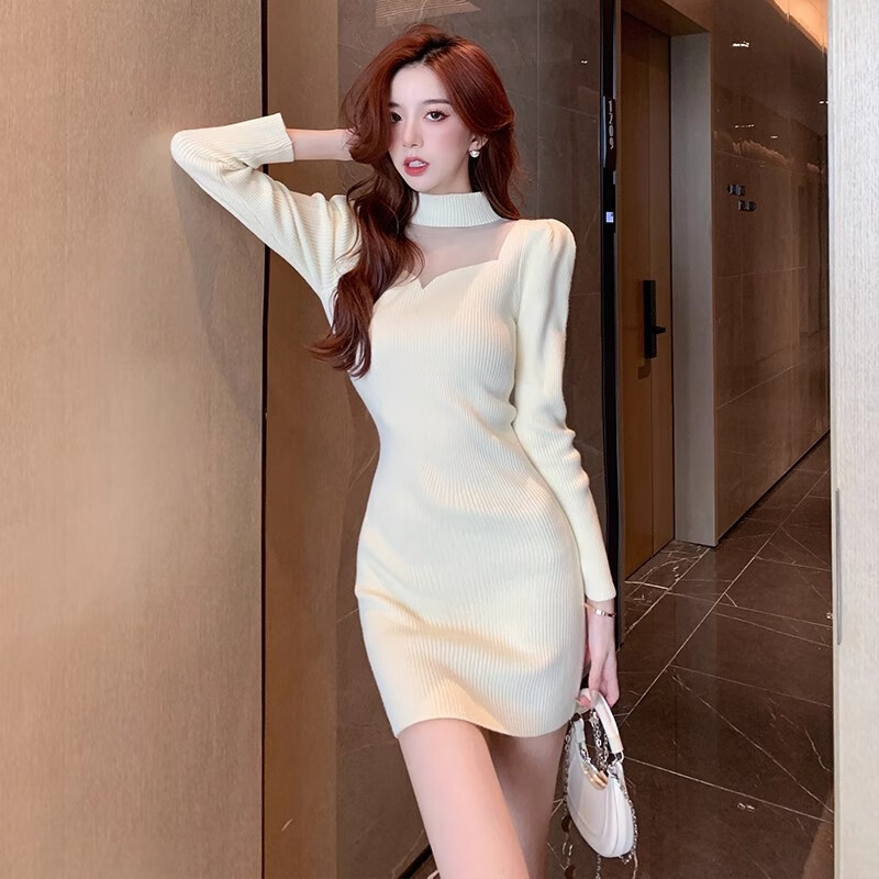 Yoekbird white knitted sweater dress for women autumn and winter 2025 new coat with bottoming slim fit hip skirt apricot style S recommended 80kg-90kg