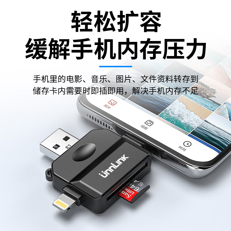 UNNLINK card reader three-in-one SD card/TF card, suitable for Apple mobile phone card reader, supports mobile phone/tablet iPad connected to camera card reader/CCD camera, reads card, shoots and saves, three-in-one card reader SD/TF dual card single reading