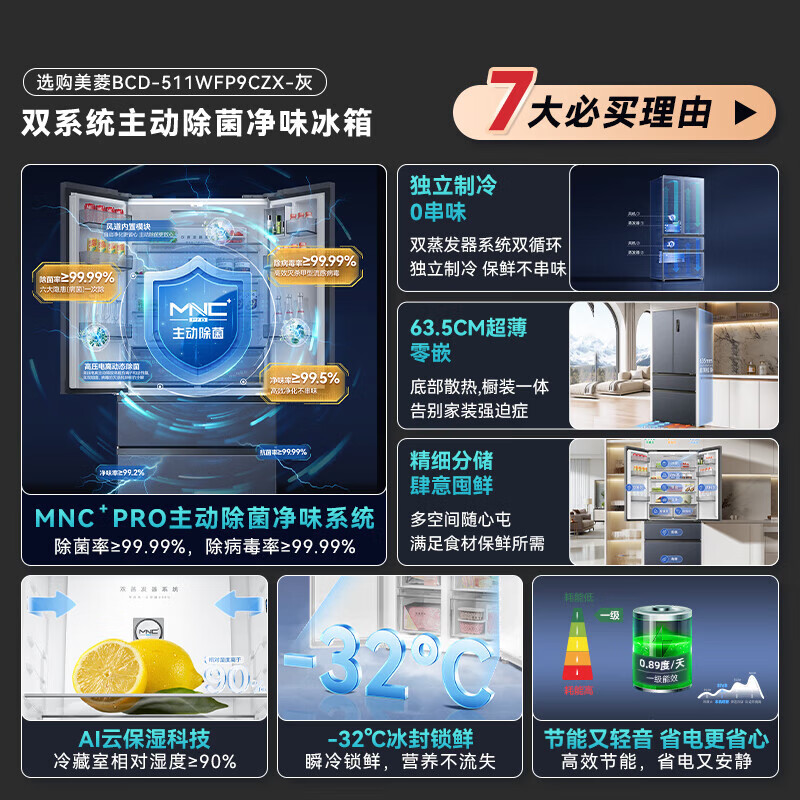 Meiling upgraded sterilization 510/511/503/507 cross four-door multi-door double cycle first-level dual-frequency household refrigerator 511PRO active odor purification gray