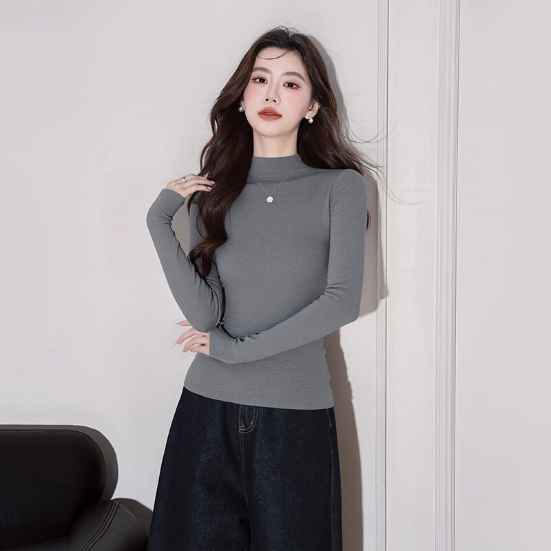 Farewell half turtleneck bottoming shirt for women, new autumn and winter style inner layer, thin slim fit long-sleeved knitted top, black S