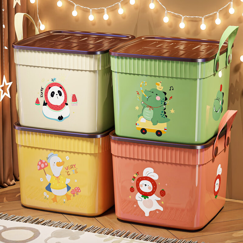 Nafenai Desktop Storage Box with Cover for Snacks and Stationery Storage and Organization Large Box Multifunctional Toys and Sundries Clothes Storage Basket Square-Small Cream Watermelon Panda Upgraded Thickening-With Cover Dustproof-With Handles.