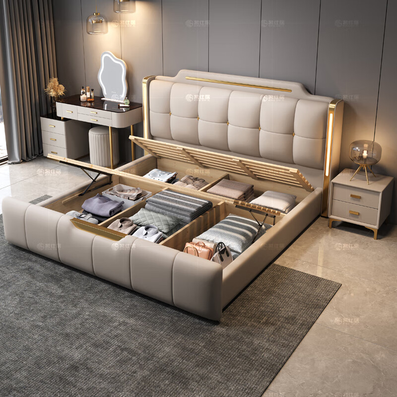 Mingshiju Italian style light luxury leather bed master bedroom double bed 1.8m x 2m soft bed 656# 1.8m + latex mattress